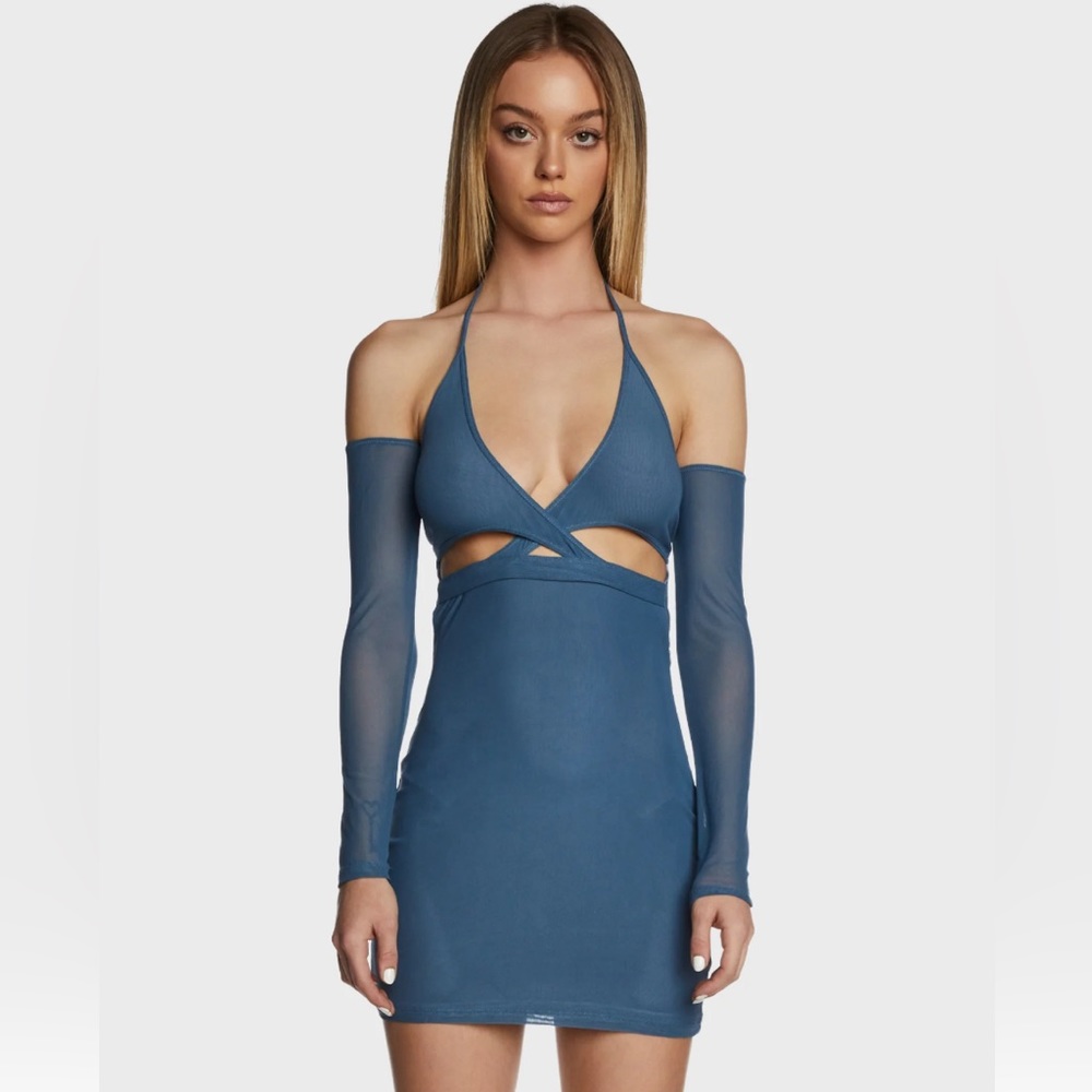 Poster Girl blue cutout mini dress with mesh sleeves